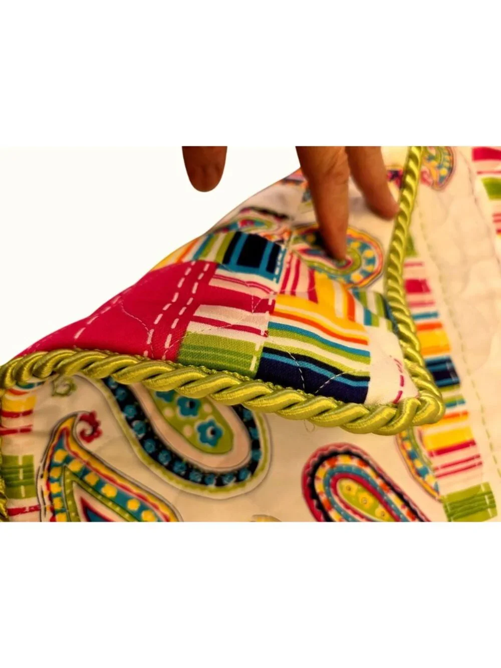 Handmade Quilted Pillow Cover 18x18 Boho Pink Paisley Green Rope Trim Zipper NEW